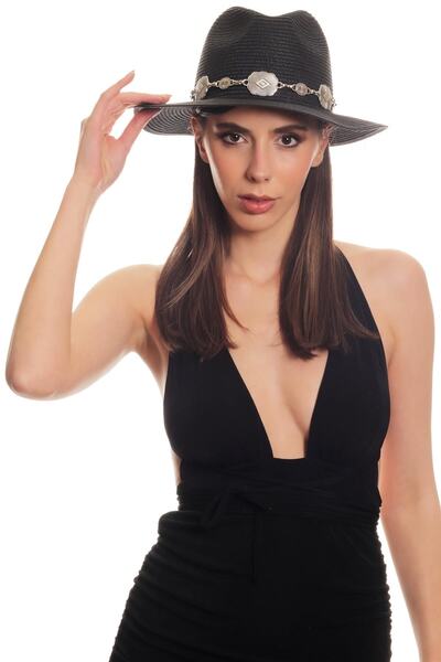 LABALABA Women's Antique Silver Plated Metal Belt Detailed Original Design Black Color Straw Hat