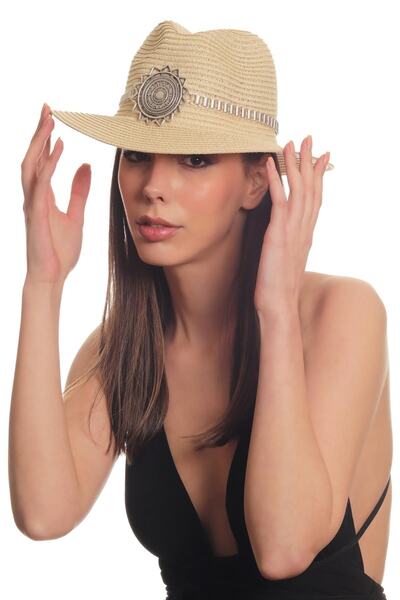 LABALABA Women's Antique Silver Plated Metal Belt Detailed Original Design Beige Color Straw Hat