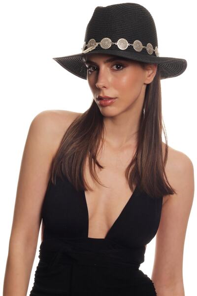 LABALABA Women's Antique Silver Plated Metal Belt Detailed Original Design Black Color Straw Hat