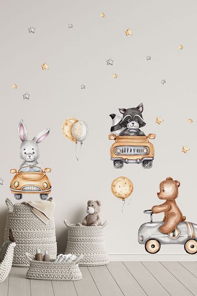 Sim Tasarım Cute Forest Animals in a Race Car Kids Room Wall Sticker Set - Sim674