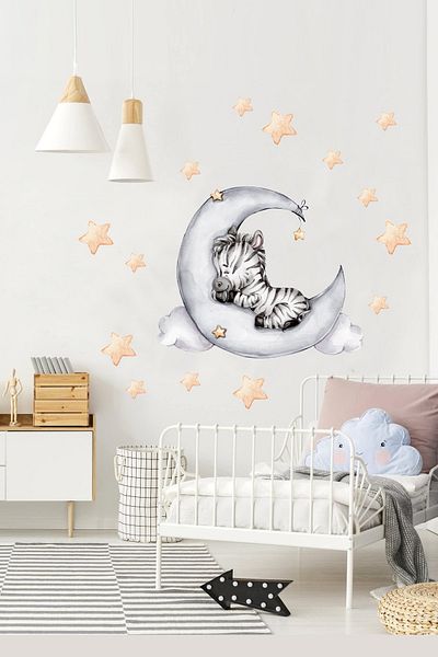 Sim Tasarım Little Zebra on the Moon and Stars Kids Room Wall Sticker Set - Sim702