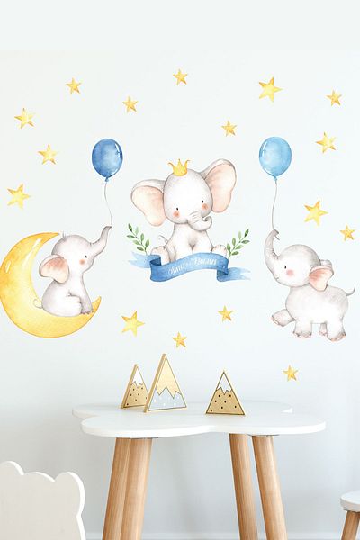 Sim Tasarım Triple Elephants with Blue Balloons and Yellow Stars Kids Room Wall Sticker Set - Sim624