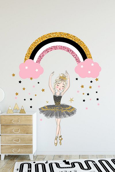 Sim Tasarım Ballerina Dancing in a Rain of Rainbows and Stars Kids Room Wall Sticker Set