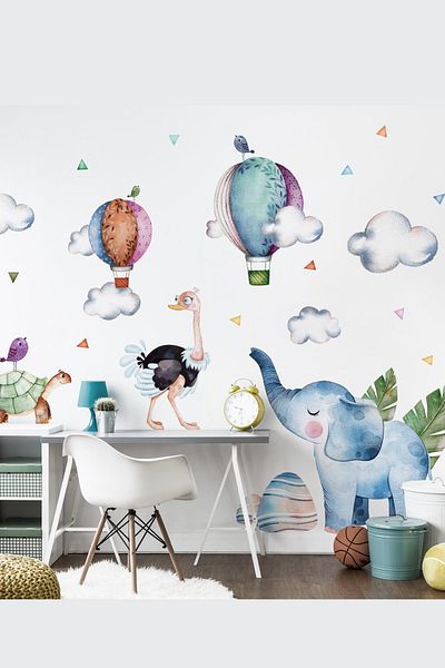 Sim Tasarım Elephant Ostrich Air Balloons Cute Animals Kids Room Wall Sticker Set