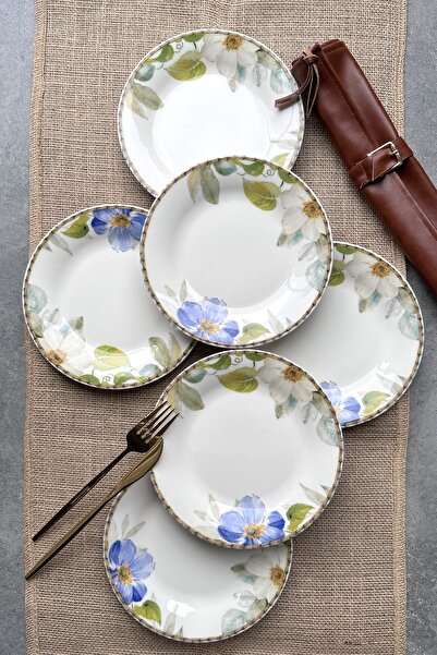 porselenden Spring 20 Cm Cream Flowered Porcelain Cake Plate Service Set for 6 Persons