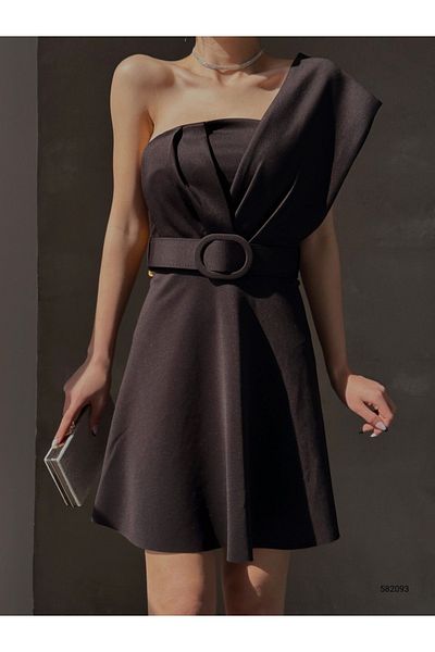 Secret Passion Lingerie Μαύρο ελαστικό υφασμάτινο κατάδυσης με λεπτομέρεια πτυχίου βραδινό φόρεμα με έναν ώμο και φόρεμα επιστροφής στο σπίτι 582093 691
