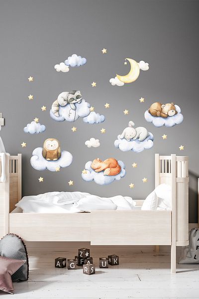 Sim Tasarım Little Sleepy Animals - Blue Kids Room Wall Sticker Set