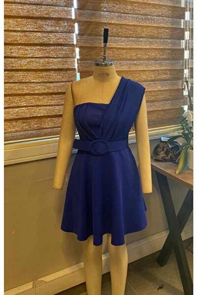 Secret Passion Lingerie Mavi Esnek Scuba Kumaş Kemerli Pile Detaylı Tek Omuzlu Abiye ve Mezuniyet Elbisesi 582093 691