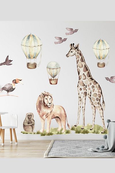 Sim Tasarım Sm303 Large Size Safari Animals And Air Balloons Wall Sticker Set