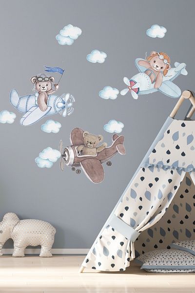 Sim Tasarım Sm300 Large Size Three Friends Pilot Bears Wall Sticker Set