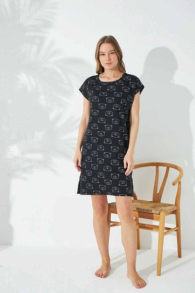 Siyah İnci Black Teddy Bear Patterned Knitted Cotton Nightgown Dress