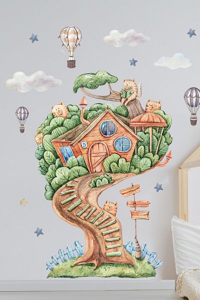 Sim Tasarım Mega Size Cat Tree House And Air Balloons Wall Sticker Set