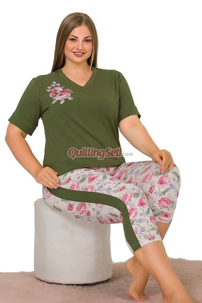 quilling Green Color and Flower Patterned Lady 10644 Oversize Large Capri Pajama Set