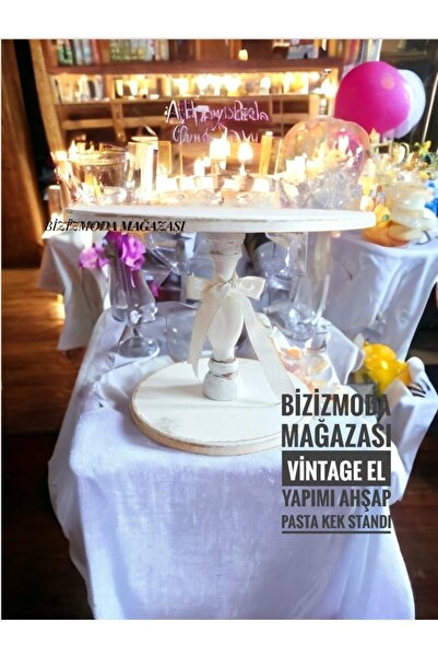 bizizmoda Doğumgünü Pasta Kek Standı Ahşap Sunumluk Eskitme Vintage Sunumluk