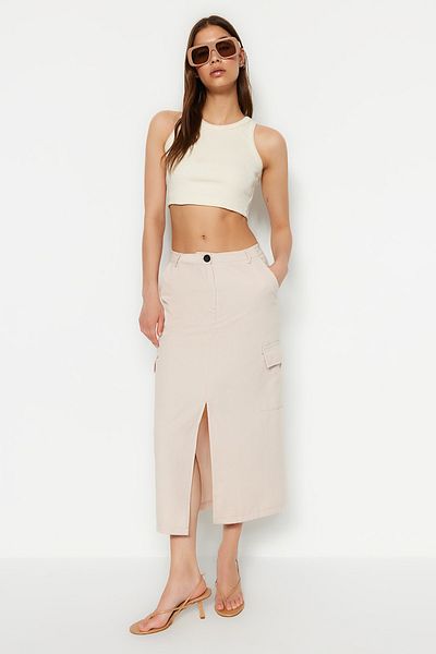 Trendyol Collection Ткана спідниця з прорізними кишенями кольору екрю TWOSS23ET00363