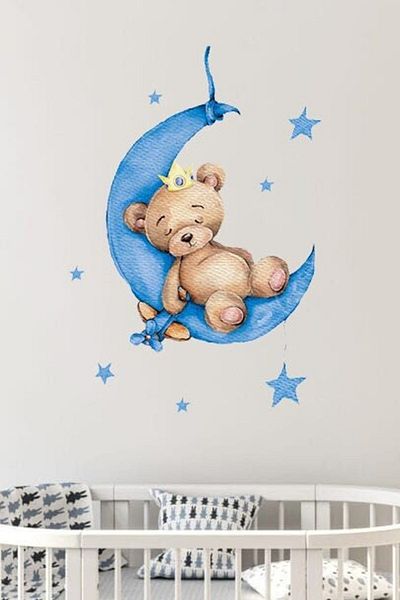 Sim Tasarım Sm364 Sleepy Teddy Bear with a Crown on the Blue Moon Children's Room Wall Sticker Set