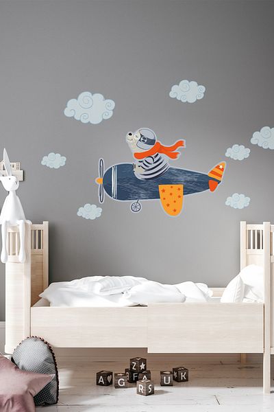 Sim Tasarım Striped Pilot Bear on a Navy Blue Plane Wall Sticker Set