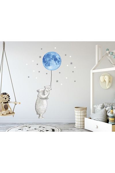 Sim Tasarım Mother Baby Polar Bear & Moon Theme Wall Sticker Set