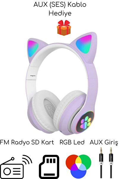 Genel Markalar A+ Bass Kedili Kulaklık Bt Fm Radyo Sd Kart Aux Giriş Rgb Işıklı Kedili Kablosuz Kulaklık