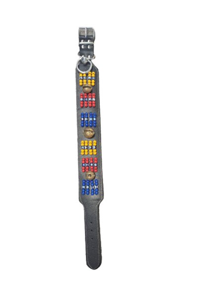 KASTAMONU BEYZADE YÖRESEL PAZARI Genuine Leather Dog Collar 3 Bells Beaded