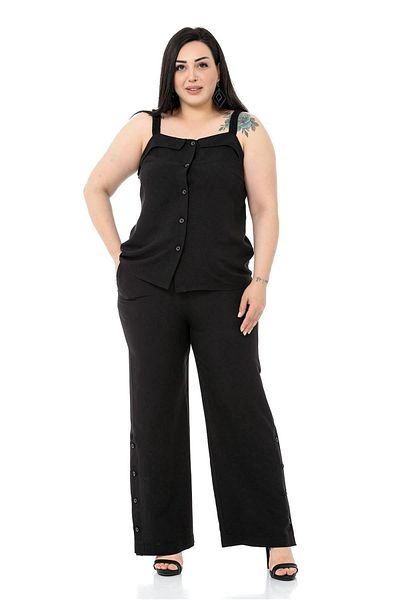 DISENTIS MODEST Large Size Button Detailed Blouse Trousers Aerobin Black Set