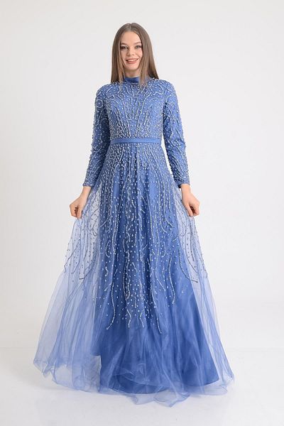 SpringStore Rochie de seară hijab cu mânecă lungă cu detaliu de piatră albastră