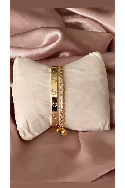 Rosstore Kadın Gold Kelepçe Ve Gold Zirkon Taşlı Nazar Boncuk Detaylı Bilekli...