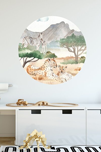 Sim Tasarım Round Natural Life Tiger Zebra Family Wall Sticker