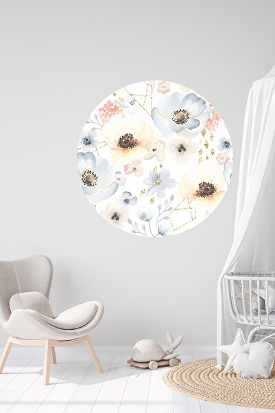 Sim Tasarım Yuvarlak Suluboya Çiçekler Duvar Sticker
