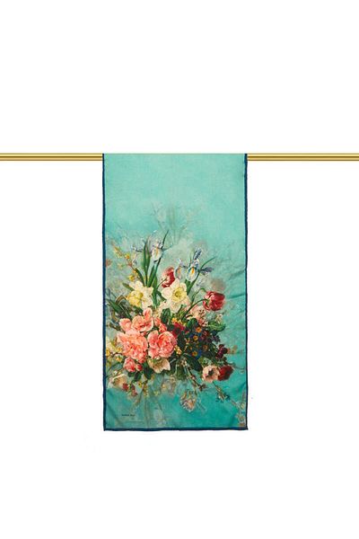 Bursa İpek Petrol Blue Floral Narrow Silk Scarf