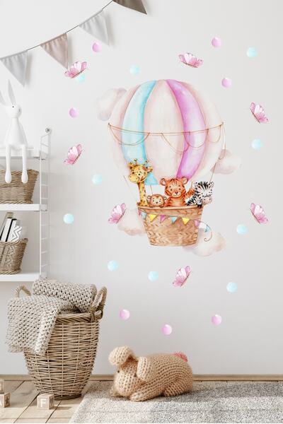Sim Tasarım Hava Balonunda Neşeli Hayvan Dostlarımız ve Kelebekler Duvar Stic...