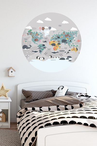 Sim Tasarım Gray Round World Map with English Writing Wall Sticker