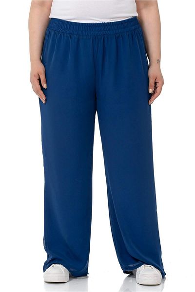 DISENTIS MODEST Plus Size Elastic Waist Lined Wide Leg Chiffon Navy Blue Trousers
