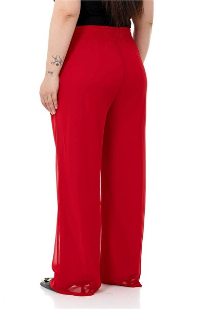 DISENTIS MODEST Plus Size Elastic Waist Lined Wide Leg Chiffon Red Trousers