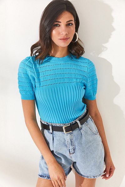 Olalook Bluză de damă, albastru deschis, tricot cu nervuri, BLZ-19002270