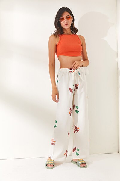 Olalook Women's Floral Tile Belted Patterned Linen Content Palazzo Trousers PNT-19000230