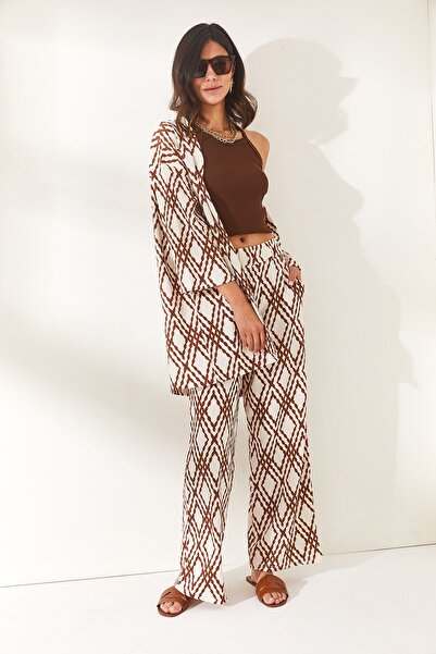 Olalook Dámské hořké hnědé kalhoty s elastickým pasem, tkané viskózové kalhoty PNT-19000232