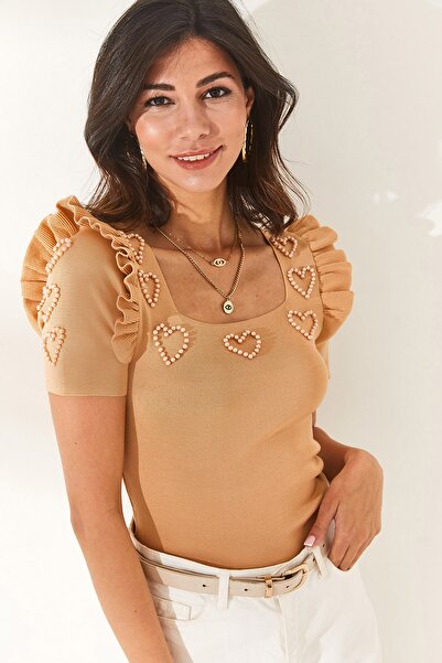 Olalook Γυναικεία μπλούζα από αφρό μελιού με βολάν καρδιές με χάντρες Crop BLZ-19002269