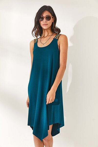 Olalook Γυναικείο βενζινοκίνητο πράσινο έθνικ λουριά ασύμμετρο φόρεμα ELB-19000612