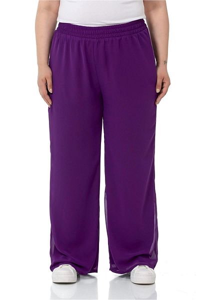 DISENTIS MODEST Plus Size Elastic Waist Lined Wide Leg Chiffon Purple Trousers