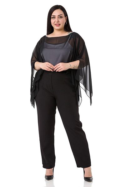 DISENTIS MODEST Plus Size Asymmetric Cut Chiffon Black Cloak Bolero