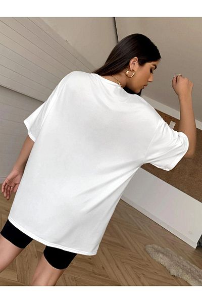 Benisengiydir Tricou alb Los Angeles oversize cu gâtul turnat pentru femei