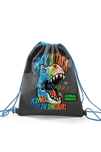 Coral High Kids Gray Dinosaur Patterned Drawstring Drawstring Backpack 22687
