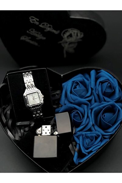 Denseden Kalpli Çiçek Süslü Kutuda Kol Saati Ve Çakmak Hediye Seti Muhteşem H...