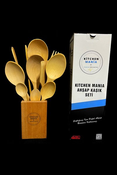 Kitchen Mania 11 قطعة من ملعقة خشب الزان الزيتية وملعقة خشبية ومغرفة تقديم وشوك خشبية مع حامل خشبي