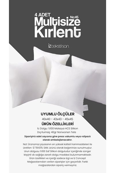 İzgi Concept Εσωτερικό μαξιλάρι ριχτάρι 4 τεμαχίων κατάλληλο για μαξιλάρι ριχτάρι με γέμιση καθαρού σιλικόνης 3 μεγεθών 40x40-43x43-45x45