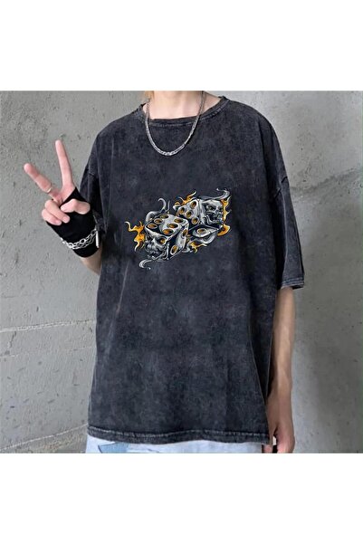 Toum Tricou unisex Gzm Washed Flaming Dice Skull cu aspect vintage