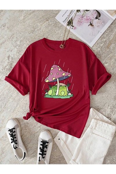 Machetta Plus Size Women's Burgundy Mushroom Printed Oversize Cotton T-shirt