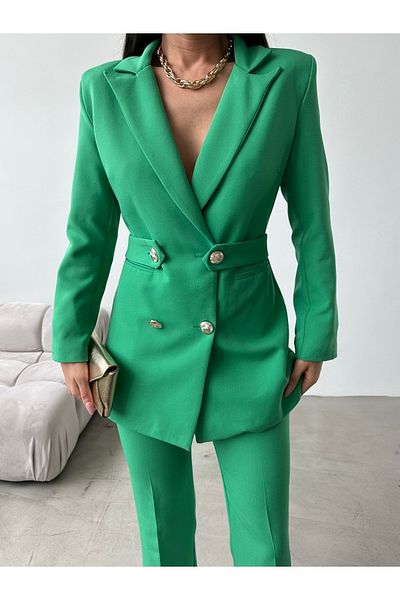 Rmz Style Flexible and Wide Leg Blazer Jacket and Trousers Set - Belted and Lined