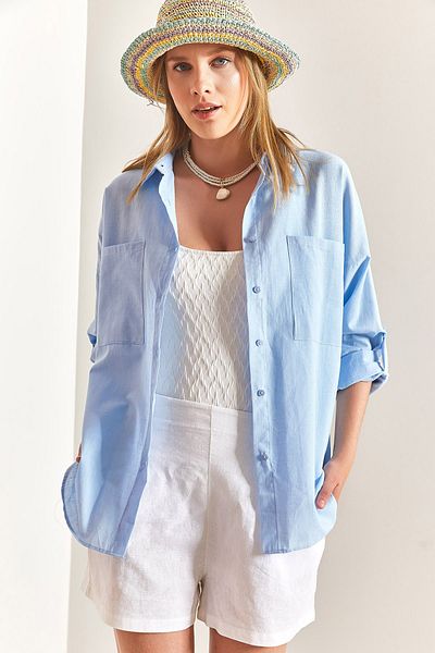 Bianco Lucci Dámska ľanová košeľa oversize s dvojitým vreckom